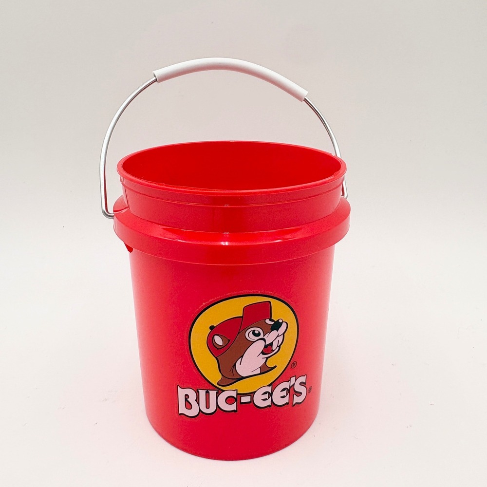 Buc-ee's Red Plastic Bucket Small Pail with Metal Handle Beaver Mascot Logo